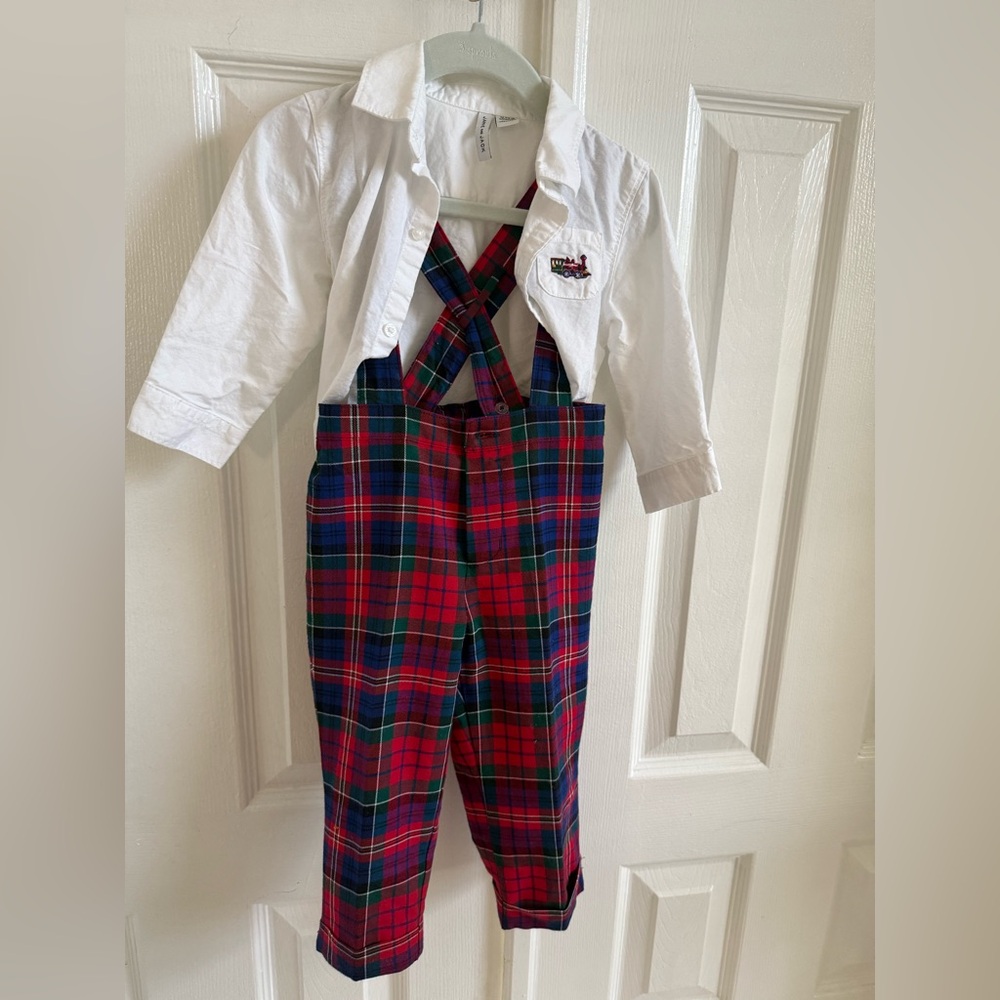 Janie and Jack Red Plaid Overalls with White Shirt - Like NEW